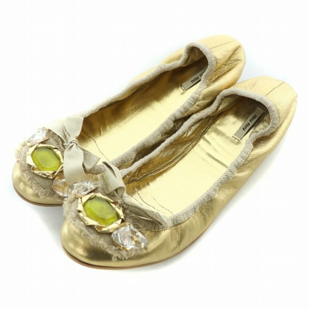 miumiu 跟鞋 金色 寶石 皮革 日本直送 二手