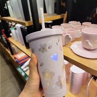 韓浪漫吸管杯不鏽鋼保溫杯隨手杯咖啡杯500ml