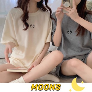 Moons⭐韓國ins風可愛簡約睡衣女 華夫格居家睡衣 夏季短袖休閒睡衣 可愛笑臉學生寬鬆睡衣套裝 女生睡衣 可外穿睡衣