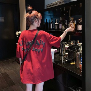 [Jaylee]純棉t恤 紅色短袖女 韓版上衣 短袖t恤女 夏裝新款 潮牌設計感小眾大碼女裝 寬鬆t恤 短袖上衣女