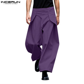 Incerun 男士復古休閒純色寬鬆長褲