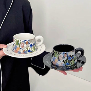 【臺灣現貨】複古高顔值鳶尾花馬卡龍咖啡杯陶瓷碟套裝勺子精緻杯子情侶款 2U34