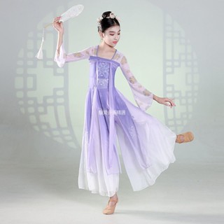 臺灣出貨 兒童古典舞演出服飄逸中國風襦裙扇子舞紗衣女童漢唐練功舞蹈服裝 兒童古典舞服 女童舞蹈服 古風演出服 古典服WD