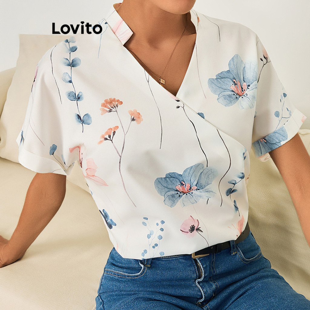 Lovito 女休閒花卉不對稱蝙蝠袖襯衫 LBL09090