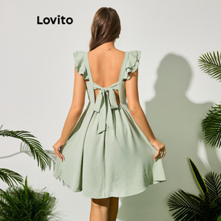 Lovito 波西米亞女式素色提花蝴蝶結洋裝 LBL09130