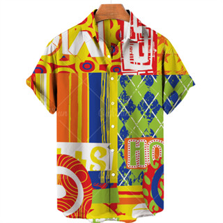 男士夏威夷襯衫愛心塗鴉歐美潮流街頭短袖襯衫假日寬鬆透氣上衣