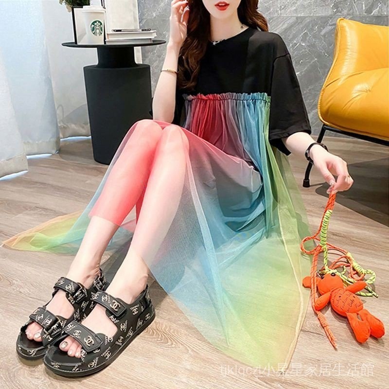 長款很仙寬鬆夏季彩虹設計感短袖網紗睡裙女韓版家居拼接洋裝子