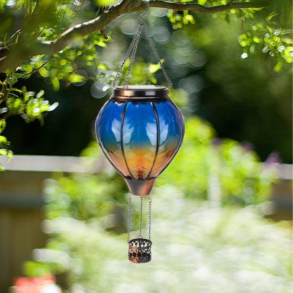 熱氣球太陽能燈帶閃爍火焰藍色熱氣球藍色燈籠燈裝飾玻璃瓶
