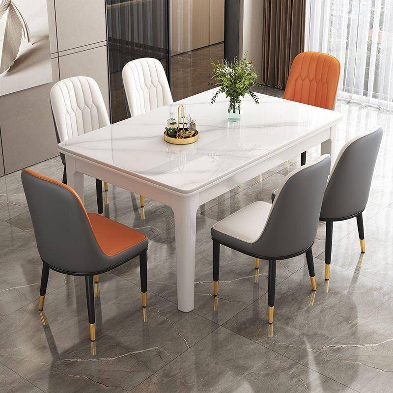 「山野」亮光岩板餐桌椅組合小戶型客廳實木方桌現代簡約長方形吃飯桌子