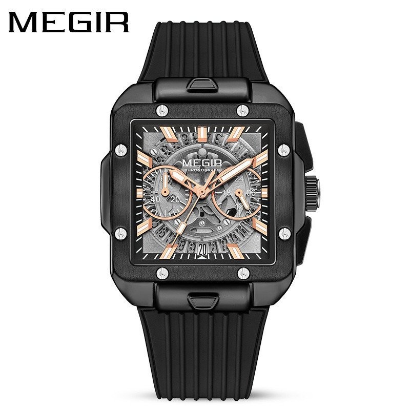 【現貨秒發】MEGIR美格爾watch方形男士矽膠表時尚多功能計時運動石英手錶2228 S2JD