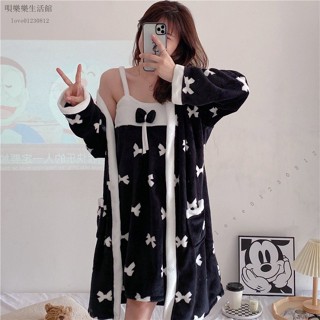 💕臺灣出貨#鞦鼕季睡衣女珊瑚絨中長款弔帶睡裙法蘭絨睡袍兩件套傢居服套裝