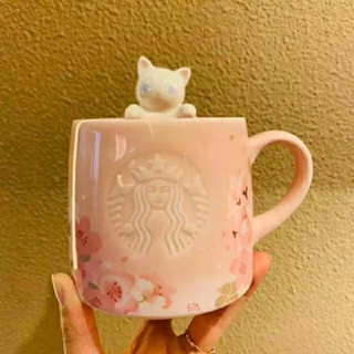 STARBUCKS 免費杯墊袋和勺子 355ml Ins 星巴克櫻花圖案可愛貓咪粉色時尚陶瓷咖啡水杯馬克杯