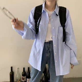 衣時尚 長袖襯衫 防曬衣 空調衫 薄外套 M-2XL 新款條紋百搭長袖襯衫女薄款日系慵懶寬鬆上衣-1432.