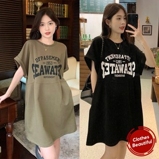 【女神館】臺灣發貨🔥2024夏季新款韓版大碼寬鬆顯瘦中長款棉質T恤連衣裙字母上衣女裝