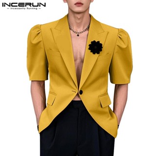 Incerun 男士韓版優雅派對翻領泡泡袖碎花裝飾休閒西裝外套