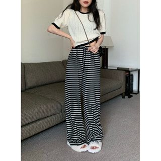 【HOT 本舖】 小個子條紋休閒褲女垂感闊腿褲拖地衛褲直筒褲春秋款寬鬆長褲子