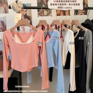 【HOT 本舖】 蝴蝶結刺繡長袖T恤女秋季修身甜辣妹短款上衣格子胸衣內搭假兩件