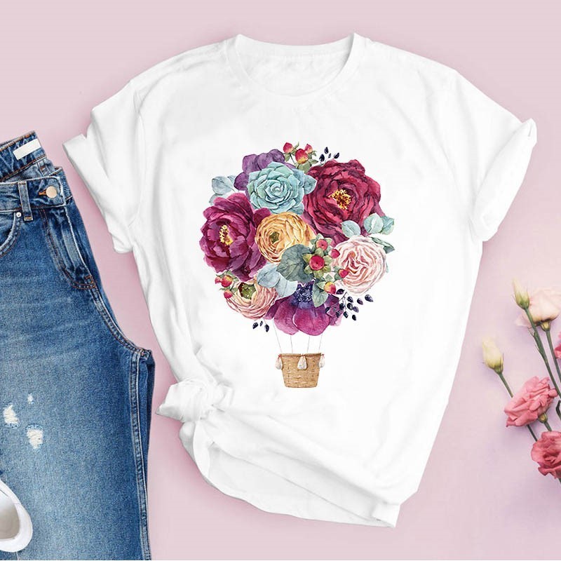 floral balloon T-shirts歐美大尺碼花卉熱氣球女裝短袖T恤女夏季