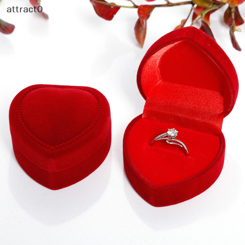 Attact 紅色植絨心形結婚戒指天鵝絨收納盒首飾耳環展示櫃支架禮品盒櫃檯包裝 TW