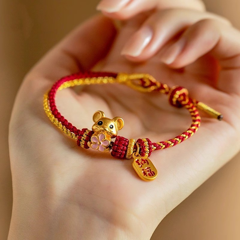 紅繩編制手串手鏈 手工編織手繩 四股紅手繩 半成品可穿珠黃金貔貅本命年手鍊