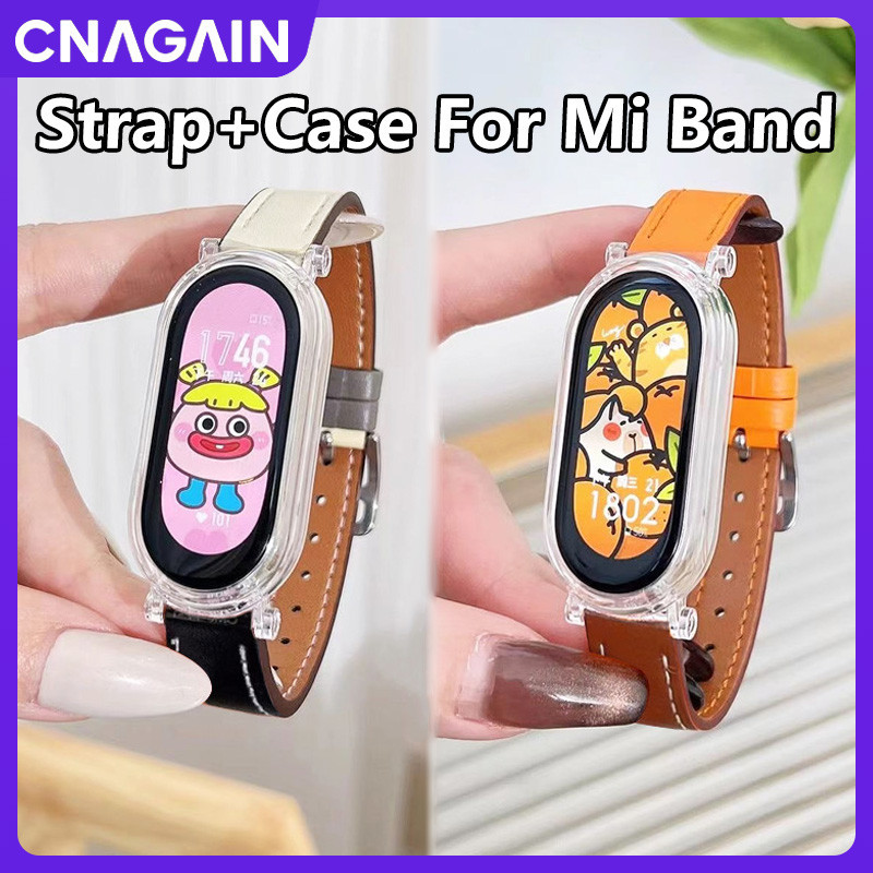 XIAOMI Cnagain 適用於小米手環創意雙色皮錶帶+鏤空電腦殼套裝,小米手環 3 4 5 6 7 8 NFC 夏