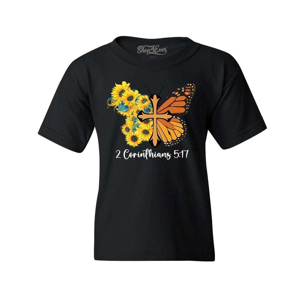 Monarch 蝴蝶向日葵和十字架青年 T 恤宗教襯衫