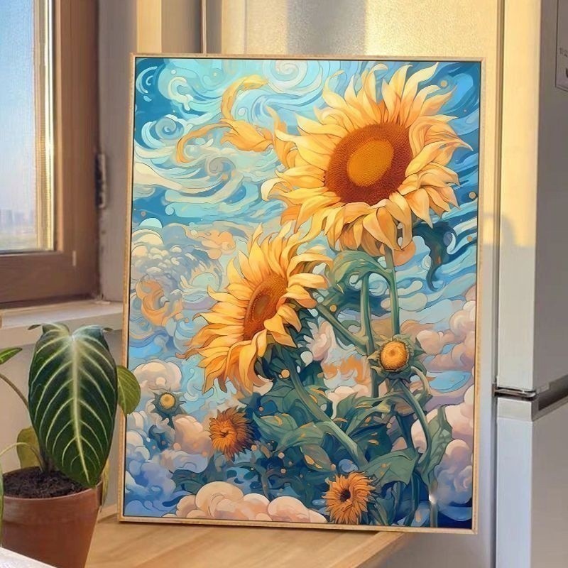 40*50CM 藝術向日葵花DIY數位油畫彩繪手工貼畫客廳裝飾畫