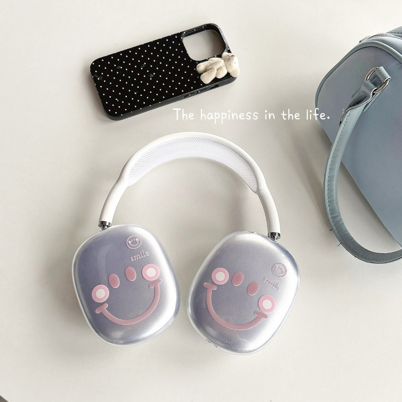 可愛的粉色笑臉保護套適用於 Airpods Max 耳機套透明軟矽膠適用於 Apple Airpods Max 耳機