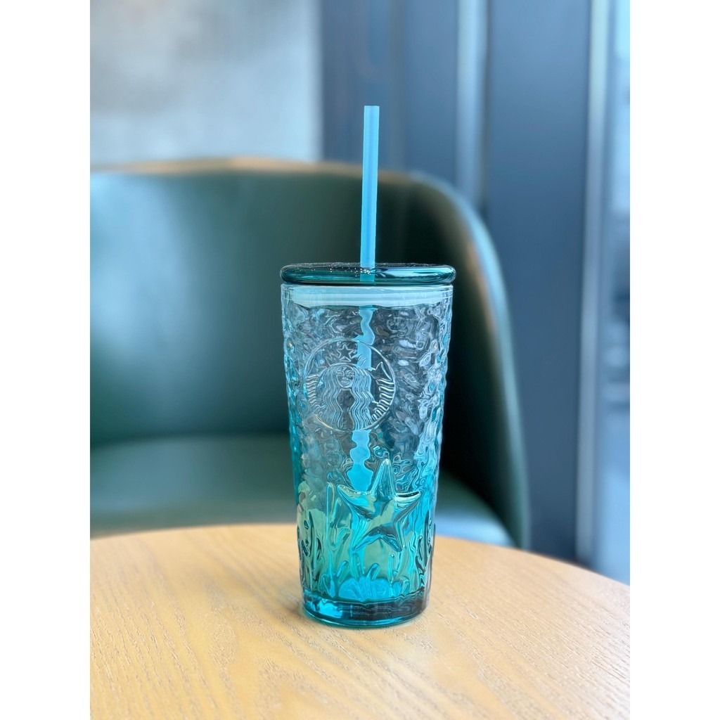 星巴克杯子海洋雅緻簡約漸變藍立體浮雕女神玻璃大容量桌面吸管杯