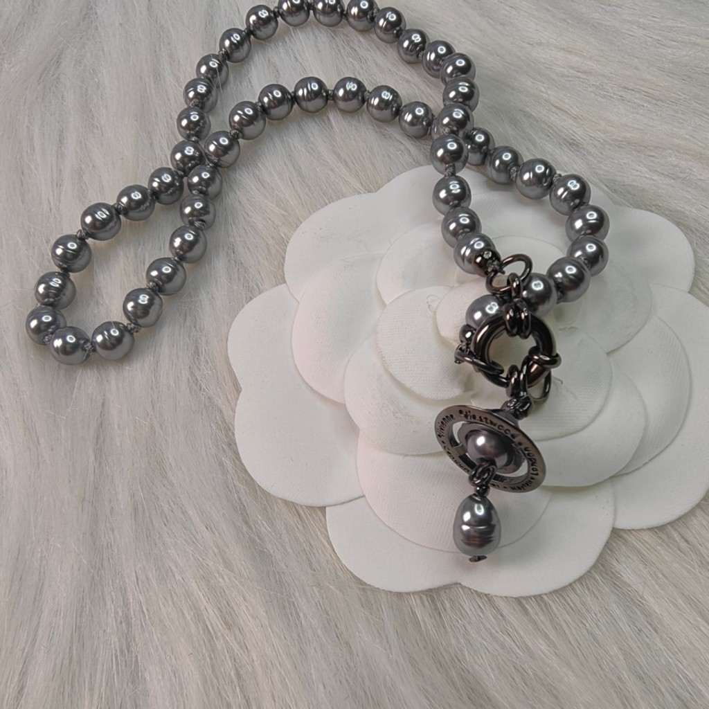 Vivienne Westwood 黑色巴洛克珍珠項鍊個性辛苦自然珍珠飛碟土星項鍊