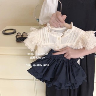 【臺灣出貨】【1820次迴購】韓版童裝女童夏裝時髦洋氣套裝兒童蕾絲花邊襯衫花苞短褲兩件套潮