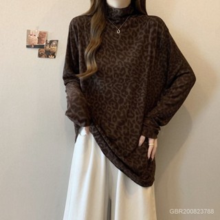 大尺碼上衣韓版豹紋印花半高領上衣長袖上衣女秋季寬鬆顯瘦內搭打底衫長袖T恤女