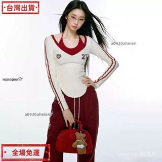春季特惠 【印花流行】秋冬季新款純棉運動少女風美式辣妹短款假兩件掛脖上衣長袖T恤女 AW