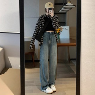 美式復古高腰闊腿牛仔褲女 顯瘦直筒褲 百搭簡約休閑褲 梨形身材胖mm 落地褲 黑色牛仔褲 女生長褲 小個子女裝 女寬褲子