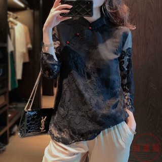 【臺灣出貨】 唐裝中國風中式民國風改良短款刺繡旗袍盤扣寬松上衣女裝 蕾絲立領復古長袖襯衫