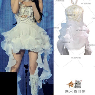 李知恩IU同款珍珠掛脖洋裝白色重工仙女表演服舞臺打歌服套裝