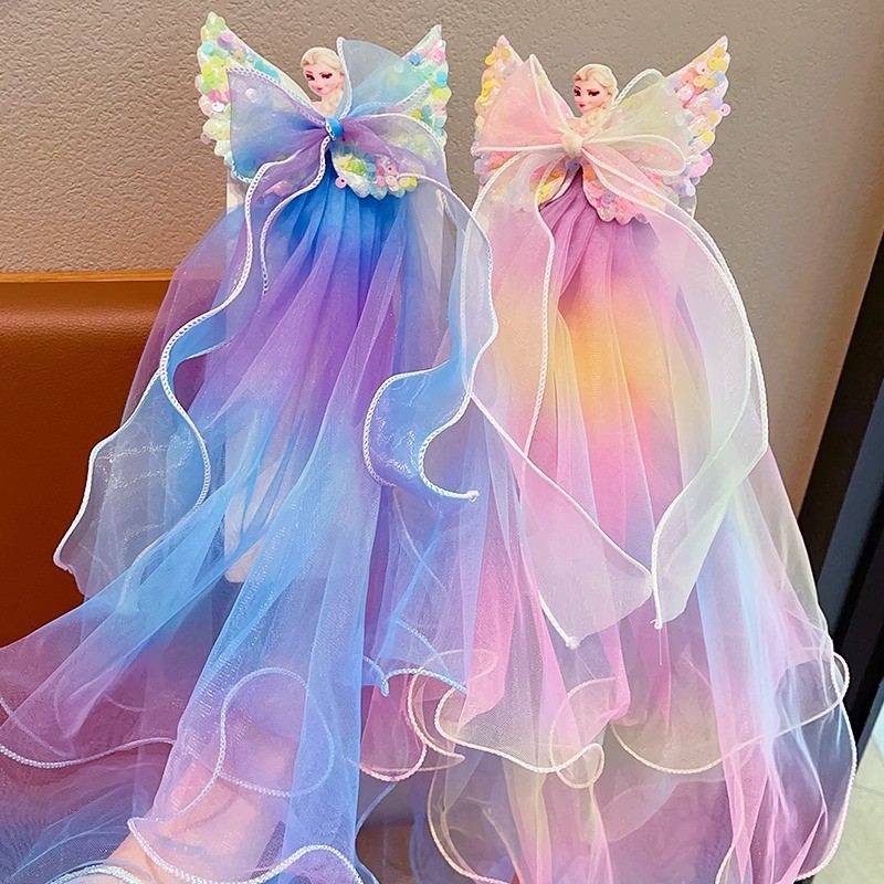 兒童頭紗超僊冰雪公主蝴蝶結飄紗髮卡小女孩生日拍照髮夾女童髮飾