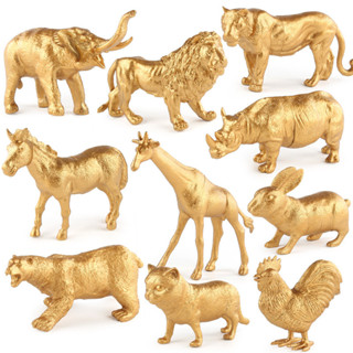 黃金動物系列擺件玩具模擬老虎獅子大象犀牛靜態模型