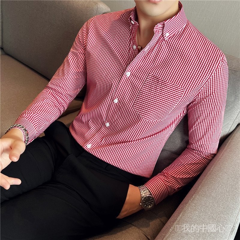 【男襯衫】薄款小格子長袖襯衫 緊身輕商務韓版襯衫 男裝 LV8C