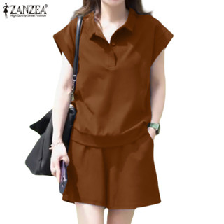 Zanzea 女式韓版休閒翻領鬆緊腰短袖口袋上衣短褲