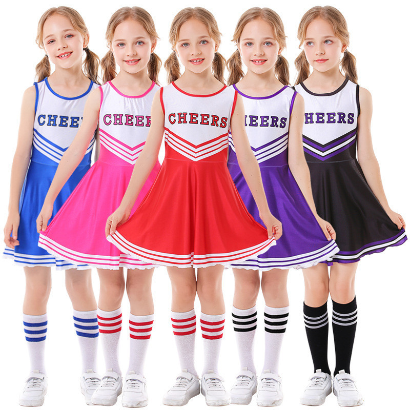 兒童啦啦隊服五色cheers無袖足球寶寶啦啦隊裙女配襪
