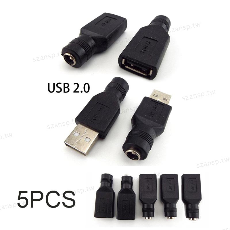 5 件 5.5*2.1mm 母插頭公插座適配器 5V USB 2.0 A 型到 DC 電源插孔接口轉換筆記本電腦