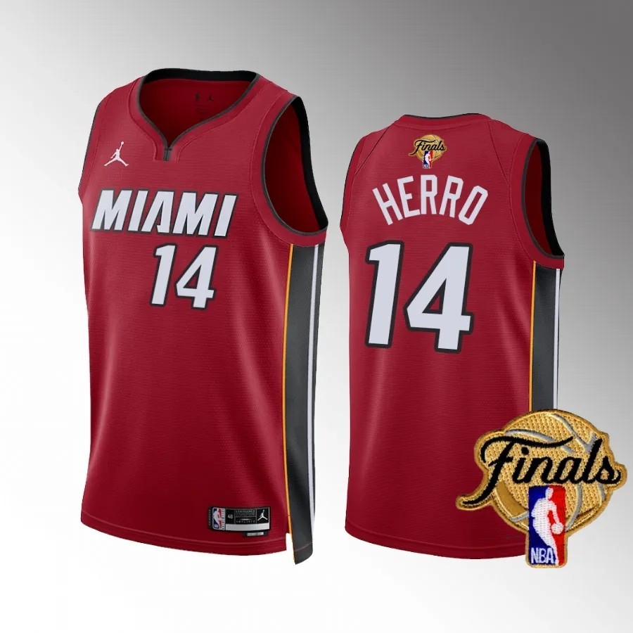 男式全新原創 2023 NBA 總決賽邁阿密熱火 #14 Tyler Herro 宣言版球衣紅色 Swingman 熱壓