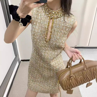 𝓢 法式輕奢洋裝 小香風 重工鑲鑽 立領鏤空粗花呢 連身裙 無袖 短洋裝 金色洋裝 禮服