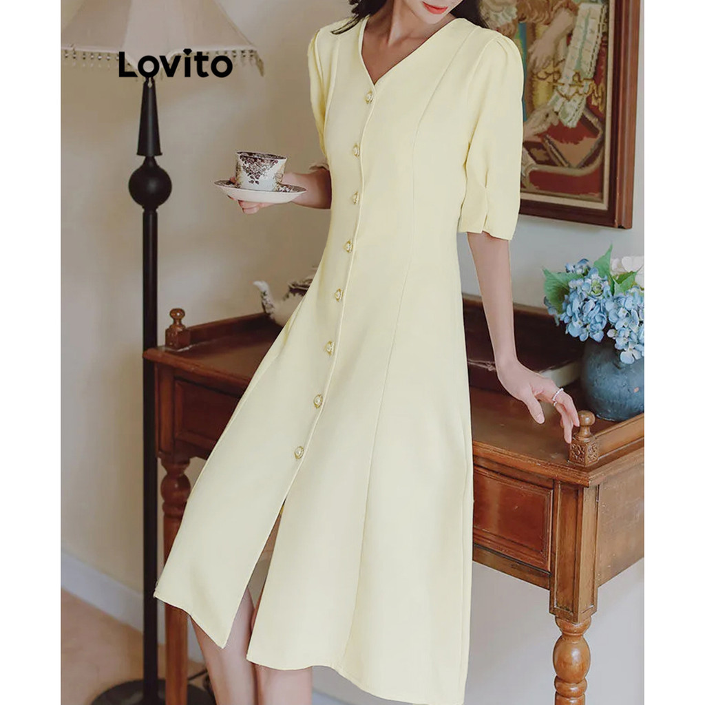Lovito 女款休閒素色羈扣連身裙 L80ED436