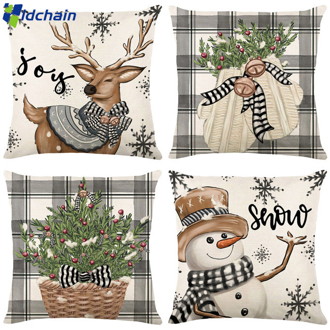 新的! 4 件套亞麻聖誕枕套隱形拉鍊設計聖誕樹麋鹿雪人圖案抱枕套適用於