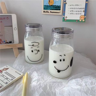 幸孕女神|史努比玻璃盃 可愛簡約透明水盃 ins風小清新森係少女心學生牛奶咖啡盃子 有蓋玻璃盃 牛奶玻璃盃 Sno