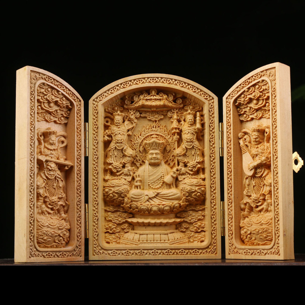 黃楊木雕扁三開盒隨身佛龕擺件眾佛自在觀音菩薩佛像家居客廳供奉