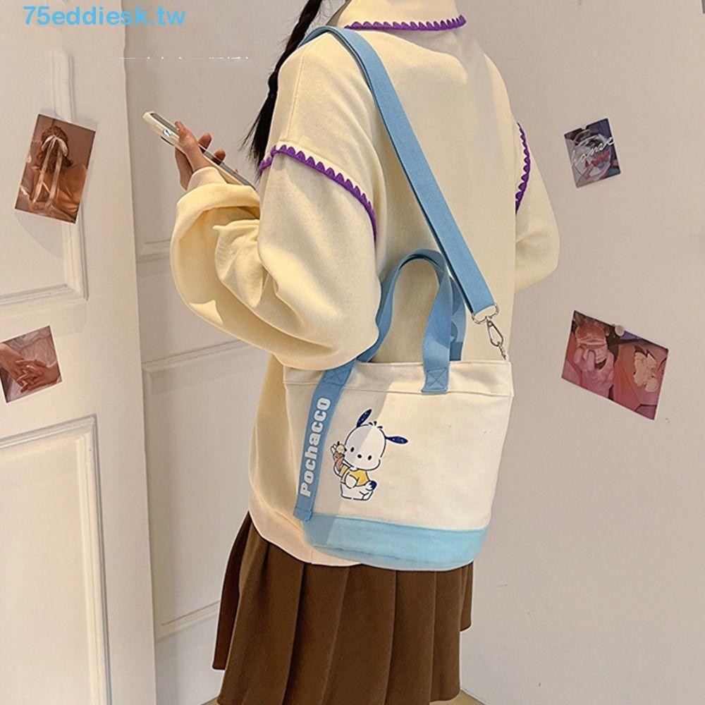 EDDIESK帆布斜挎包,我的旋律凱蒂貓Kuromi單肩包,時尚品牌韓版風格手提包卡通水桶包婦女