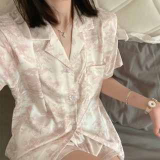 法式睡衣女夏款2024年新款少女印花短袖高階感冰絲短褲居家服套裝